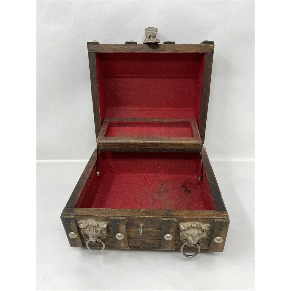 Vintage Wood Pirate Treasure Chest Jewelry Trinket Box Gothic Lion Heads